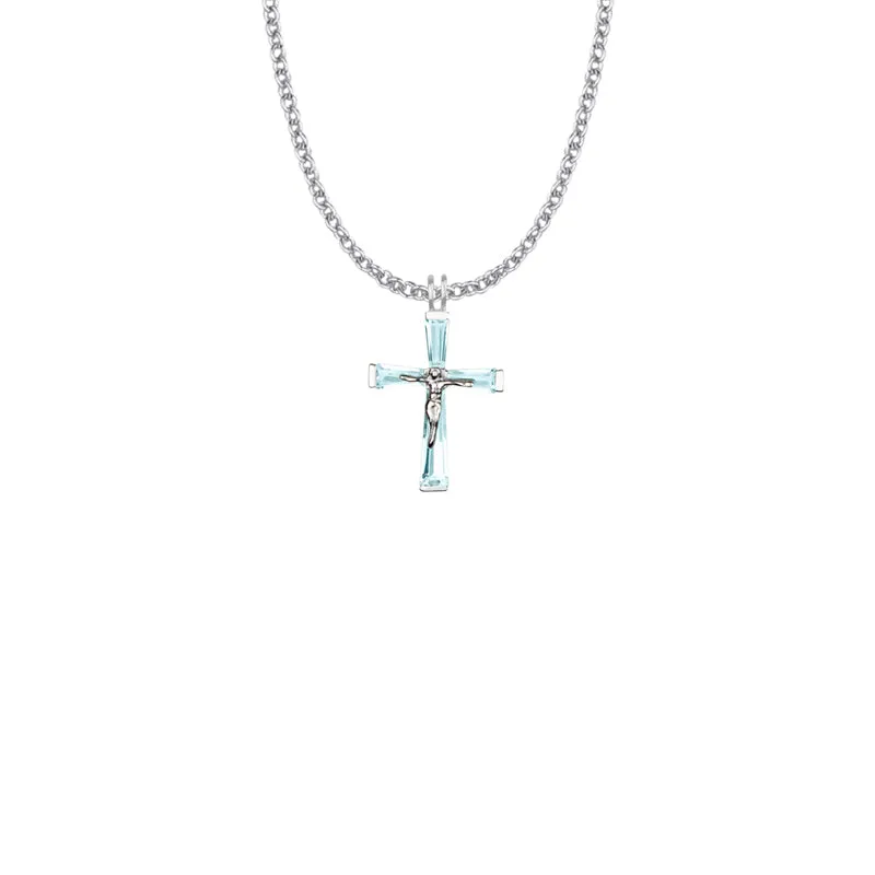 1 Inch Sterling Silver and Glass Crystal March Birthstone Baguette Crucifix Necklace