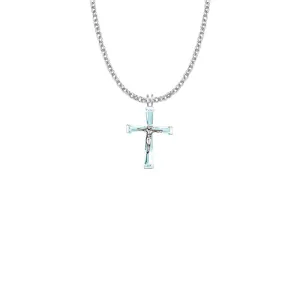 1 Inch Sterling Silver and Glass Crystal March Birthstone Baguette Crucifix Necklace