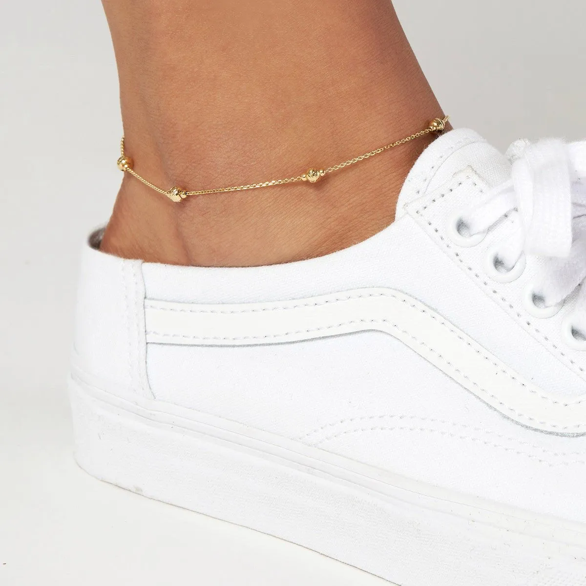 14K Yellow Gold D/C and Mini Polished Bead Adjustable Anklet