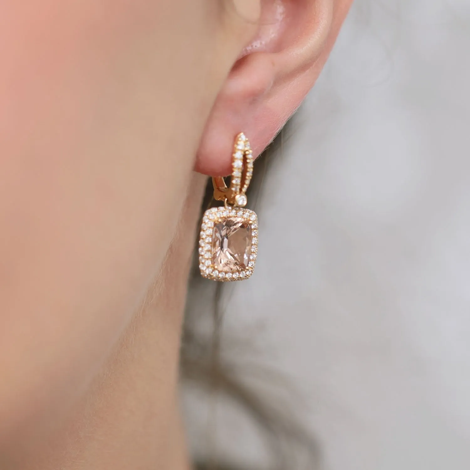 18ct Rose Gold Morganite And Round Brilliant Cut Diamond Drop Earrings