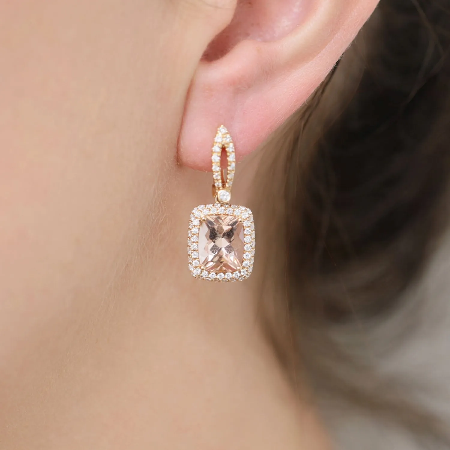 18ct Rose Gold Morganite And Round Brilliant Cut Diamond Drop Earrings