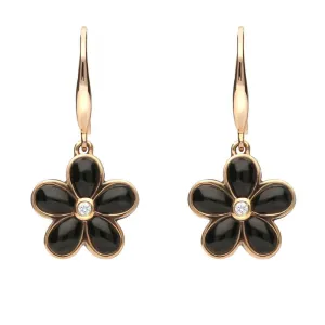 18ct Rose Gold Whitby Jet Diamond Flower Drop Earrings