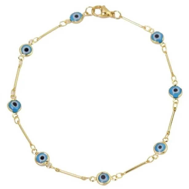 18K Gold Plated Bar Style Light-blue Evil Eye Crystal Anklet