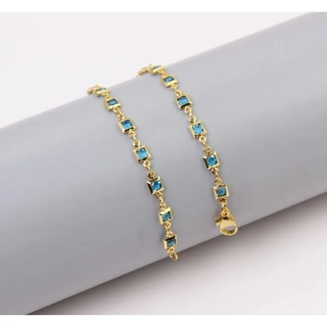 18K Gold Plated Light Blue Crystal Square Ankle Bracelet