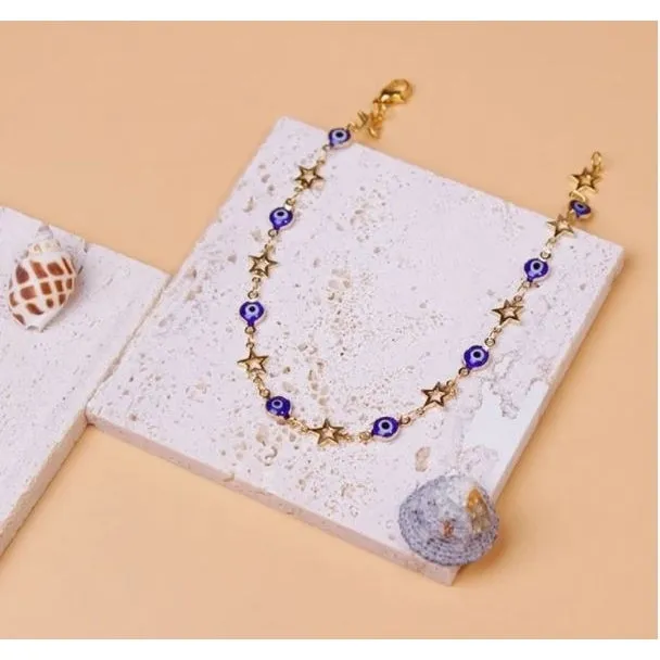18K Gold Plated Star Blue Evil Eye Crystal Anklet