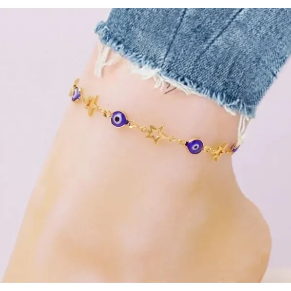 18K Gold Plated Star Blue Evil Eye Crystal Anklet