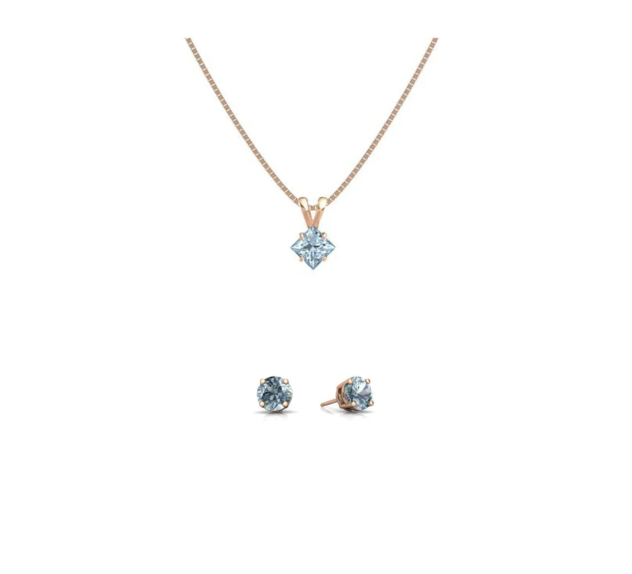 18K Rose Gold 2ct Aquamarine Square 18 Inch Necklace and Round Earrings Set Plated