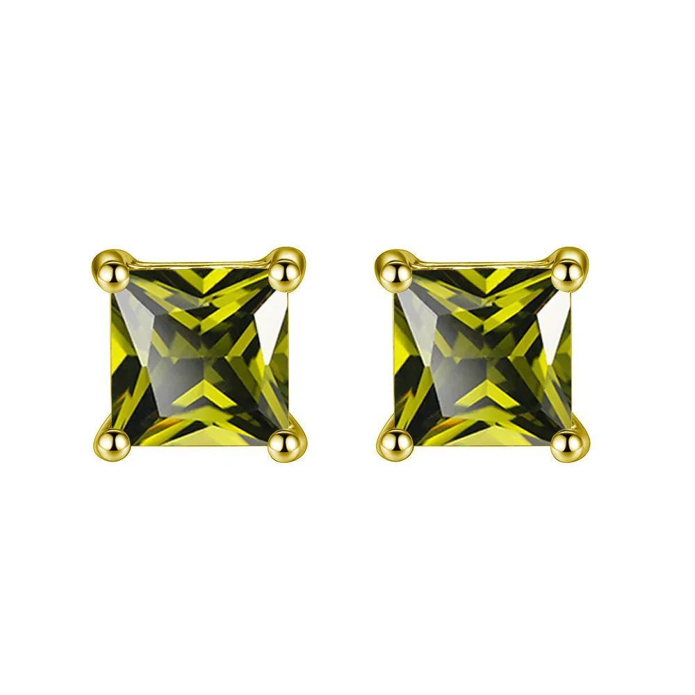 18k Yellow Gold Plated 1/4 Carat Princess Cut Created Peridot Stud Earrings 4mm