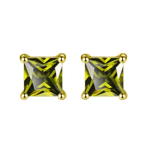 24k Yellow Gold Plated 2 Cttw Peridot Princess Cut Stud Earrings