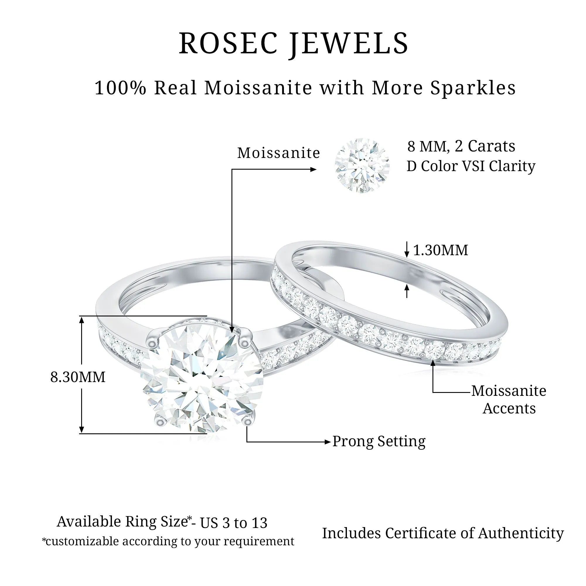 3 CT Solitaire Moissanite Wedding Ring Set