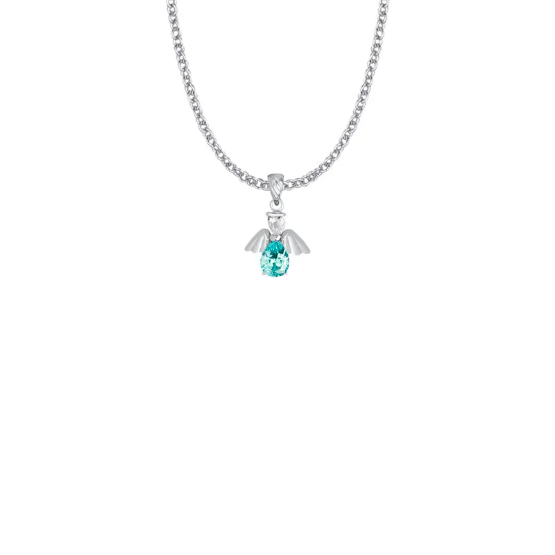 3/4 Inch Sterling Silver and Glass Crystal March Birthstone Angel Necklace