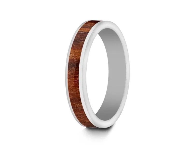 4MM WHITE CERAMIC WEDDING BAND FLAT AND HAWAIIAN KOA WOOD INLAY