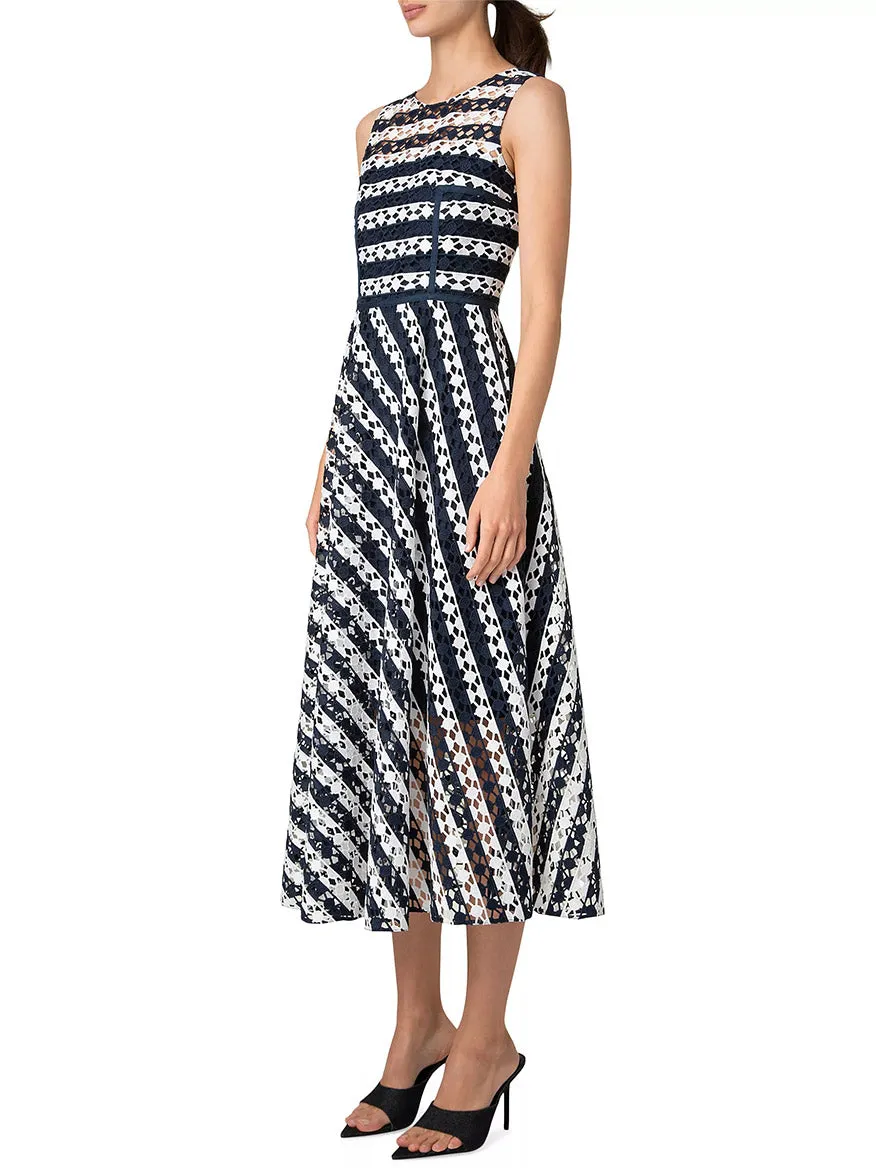 Akris Punto Striped Dot Guipure Lace Maxi Dress in Navy/Cream