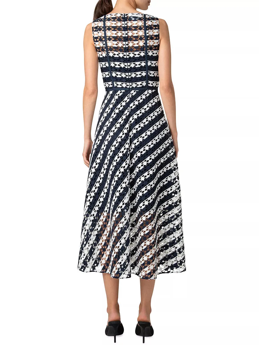 Akris Punto Striped Dot Guipure Lace Maxi Dress in Navy/Cream