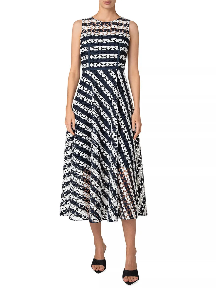 Akris Punto Striped Dot Guipure Lace Maxi Dress in Navy/Cream