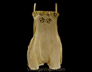 As Is 1920s Cotton Teddy - Size 2 Authentic Deadstock 20s Flapper Era Lingerie - Sheer Beige Camisole Panty - Embroidered Net - Bust 33