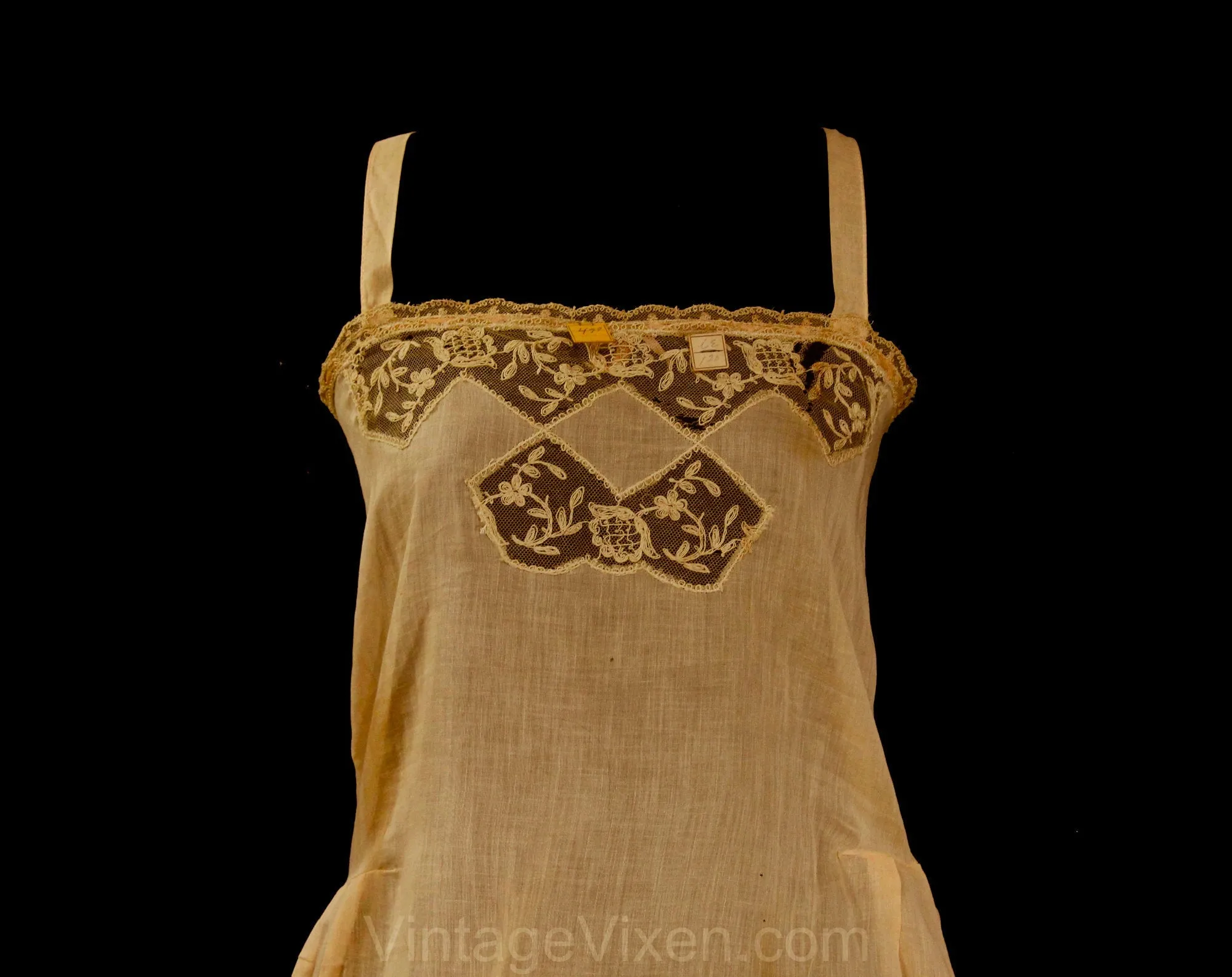 As Is 1920s Cotton Teddy - Size 2 Authentic Deadstock 20s Flapper Era Lingerie - Sheer Beige Camisole Panty - Embroidered Net - Bust 33