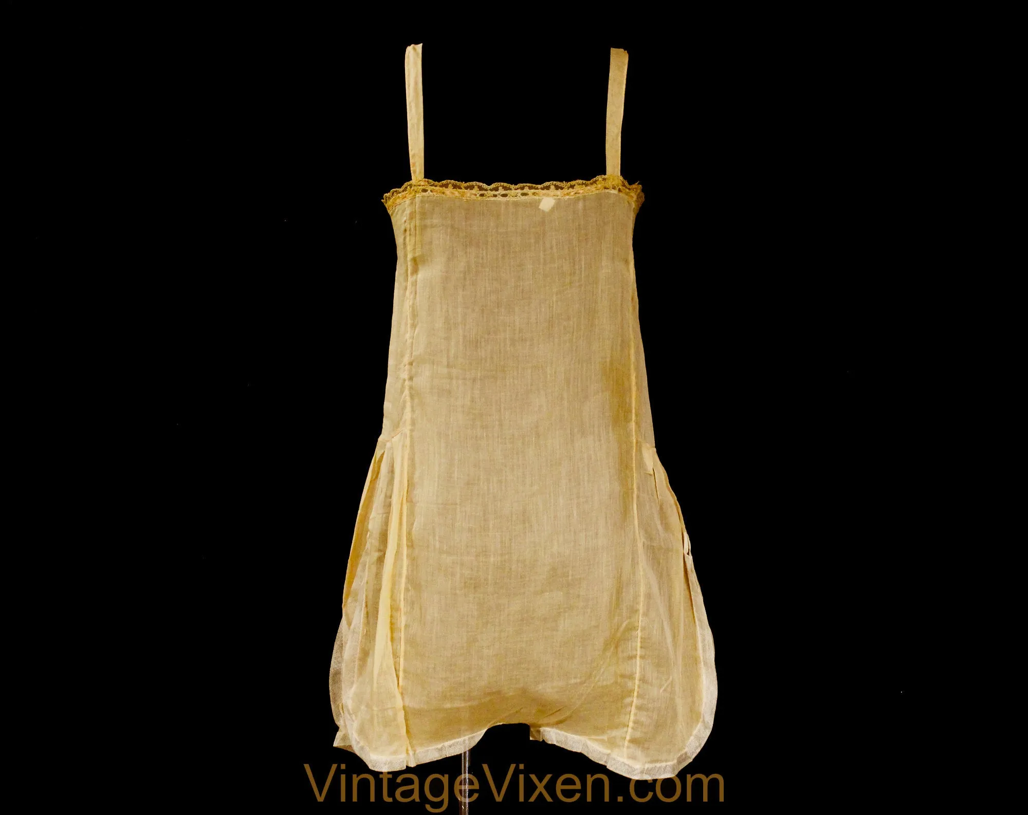As Is 1920s Cotton Teddy - Size 2 Authentic Deadstock 20s Flapper Era Lingerie - Sheer Beige Camisole Panty - Embroidered Net - Bust 33