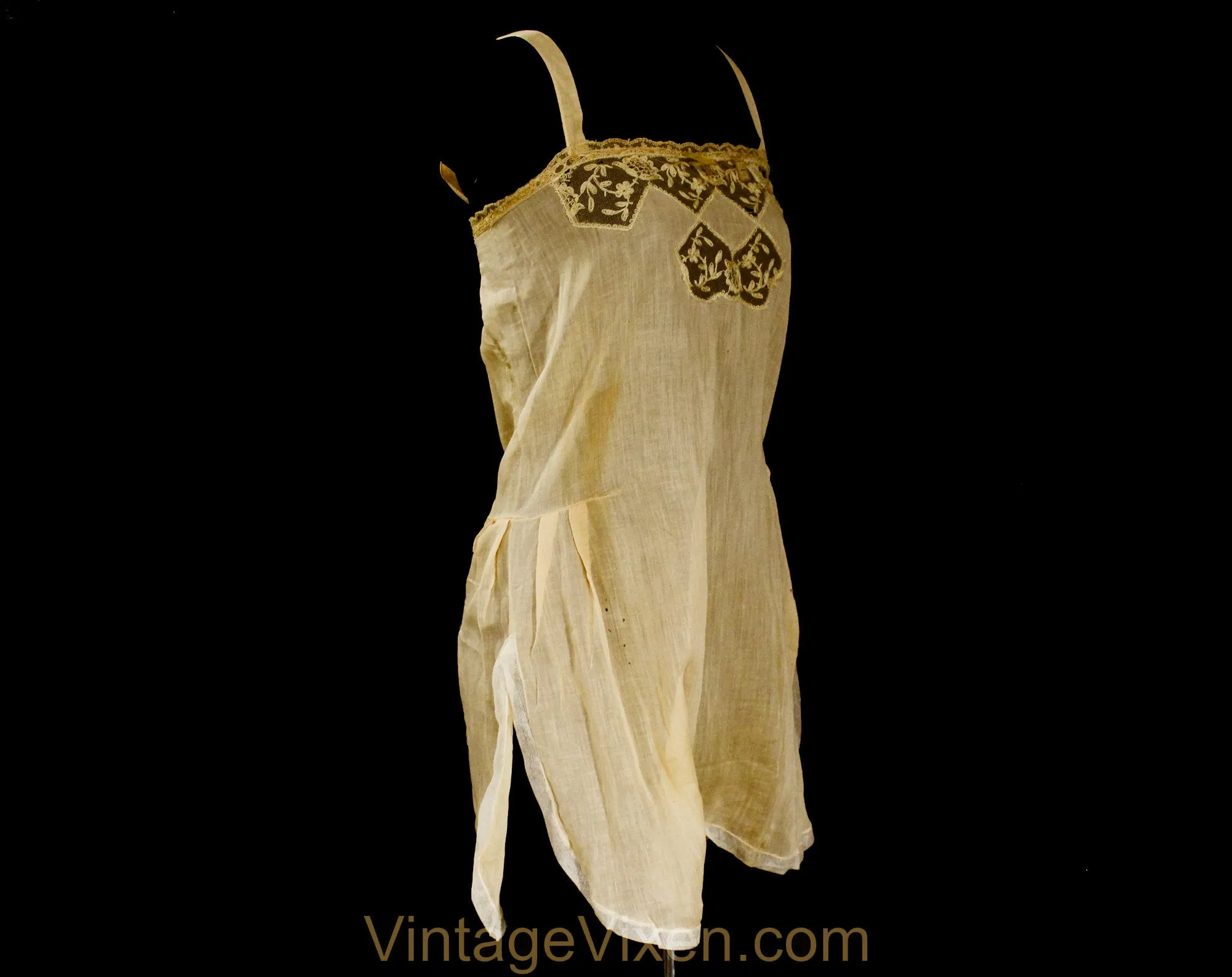 As Is 1920s Cotton Teddy - Size 2 Authentic Deadstock 20s Flapper Era Lingerie - Sheer Beige Camisole Panty - Embroidered Net - Bust 33