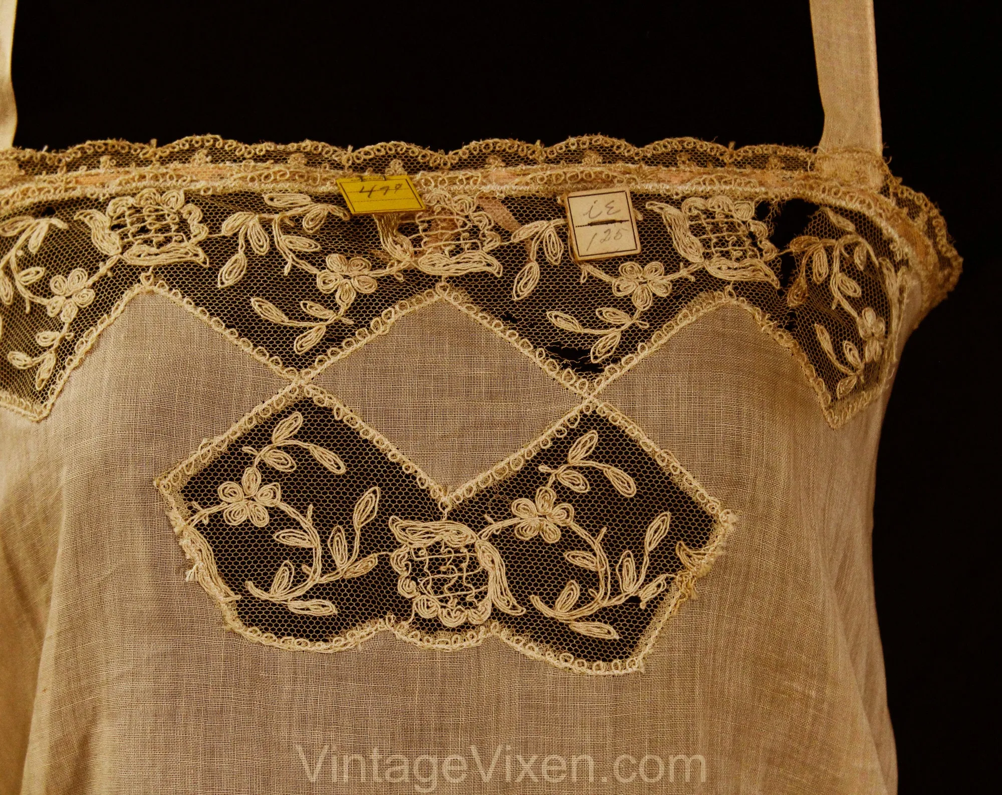 As Is 1920s Cotton Teddy - Size 2 Authentic Deadstock 20s Flapper Era Lingerie - Sheer Beige Camisole Panty - Embroidered Net - Bust 33