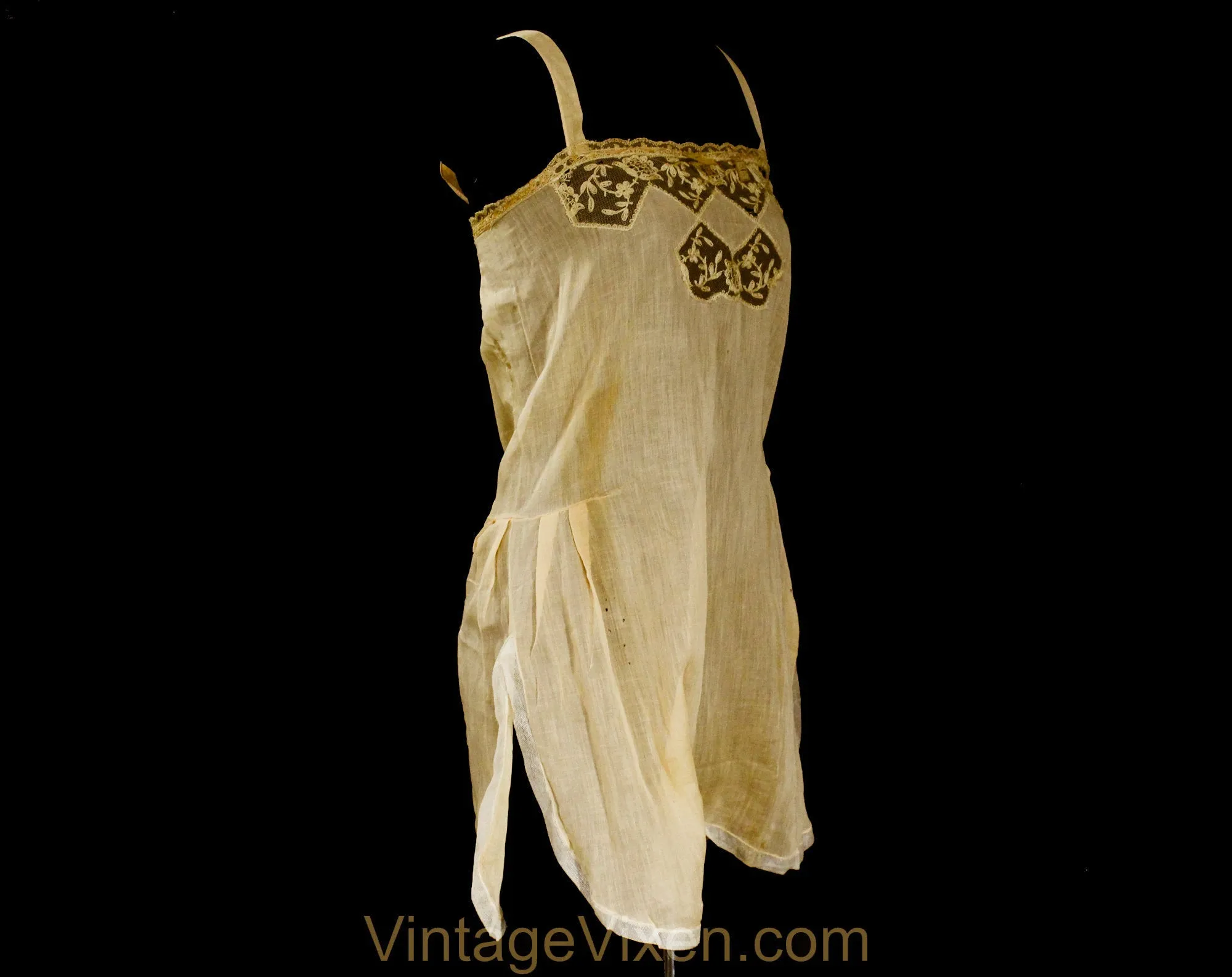 As Is 1920s Cotton Teddy - Size 6 Authentic Deadstock 20s Flapper Era Lingerie - Sheer Beige Camisole Panty - Embroidered Net - Bust 35