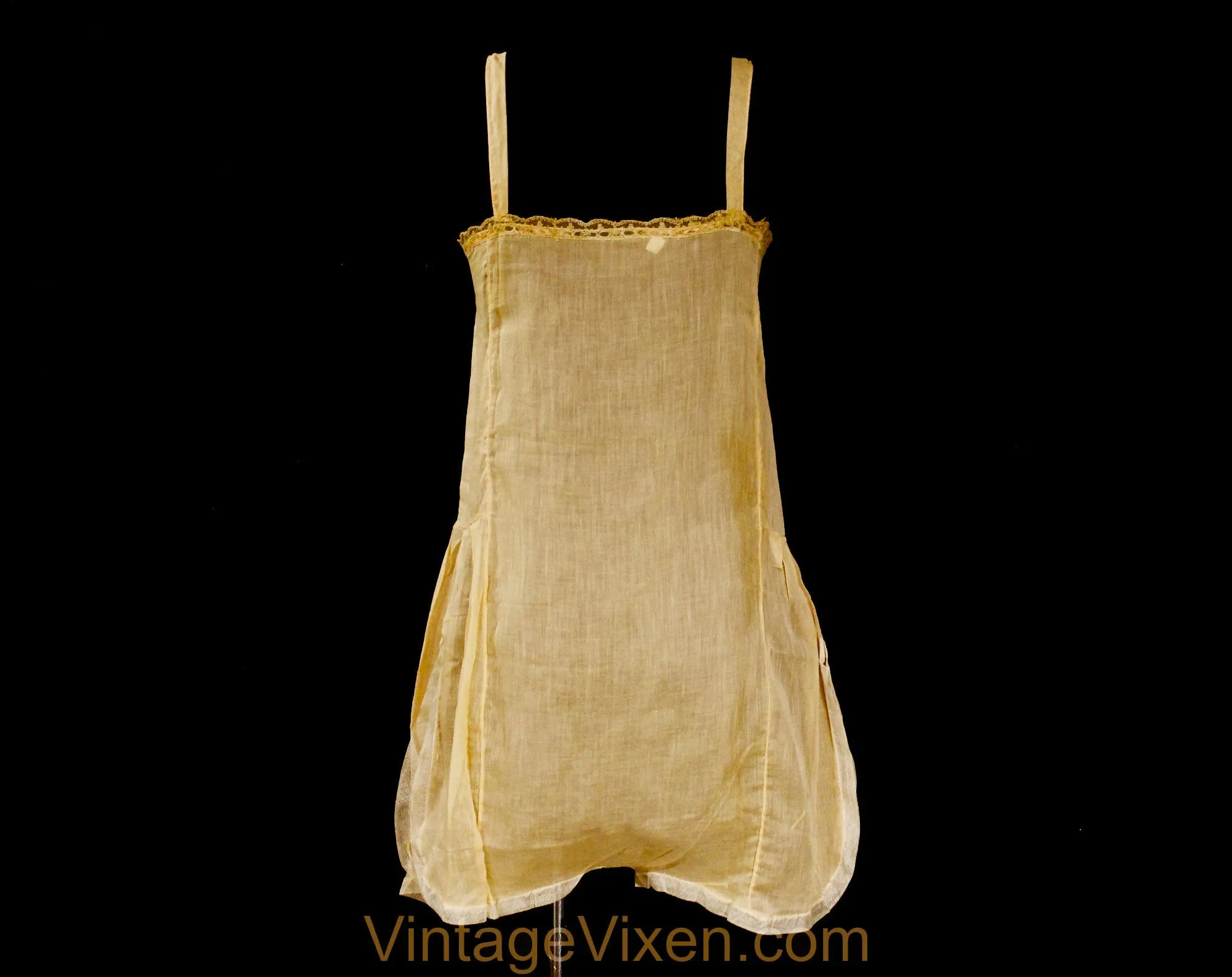 As Is 1920s Cotton Teddy - Size 6 Authentic Deadstock 20s Flapper Era Lingerie - Sheer Beige Camisole Panty - Embroidered Net - Bust 35