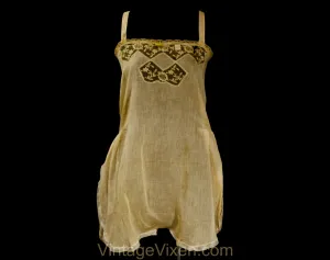 As Is 1920s Cotton Teddy - Size 6 Authentic Deadstock 20s Flapper Era Lingerie - Sheer Beige Camisole Panty - Embroidered Net - Bust 35