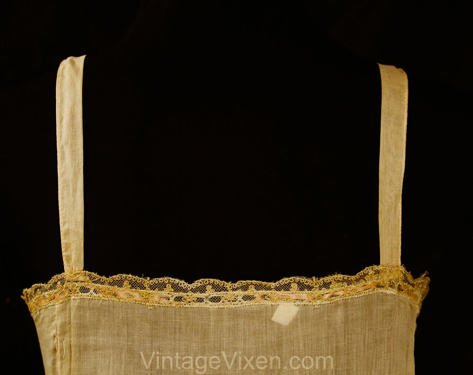 As Is 1920s Cotton Teddy - Size 6 Authentic Deadstock 20s Flapper Era Lingerie - Sheer Beige Camisole Panty - Embroidered Net - Bust 35