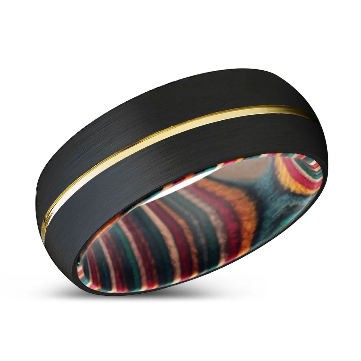 ATAXIA | Multi Color Wood, Black Tungsten Ring, Gold Groove, Domed