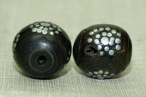 Black Coral Beads with Silver Inlay