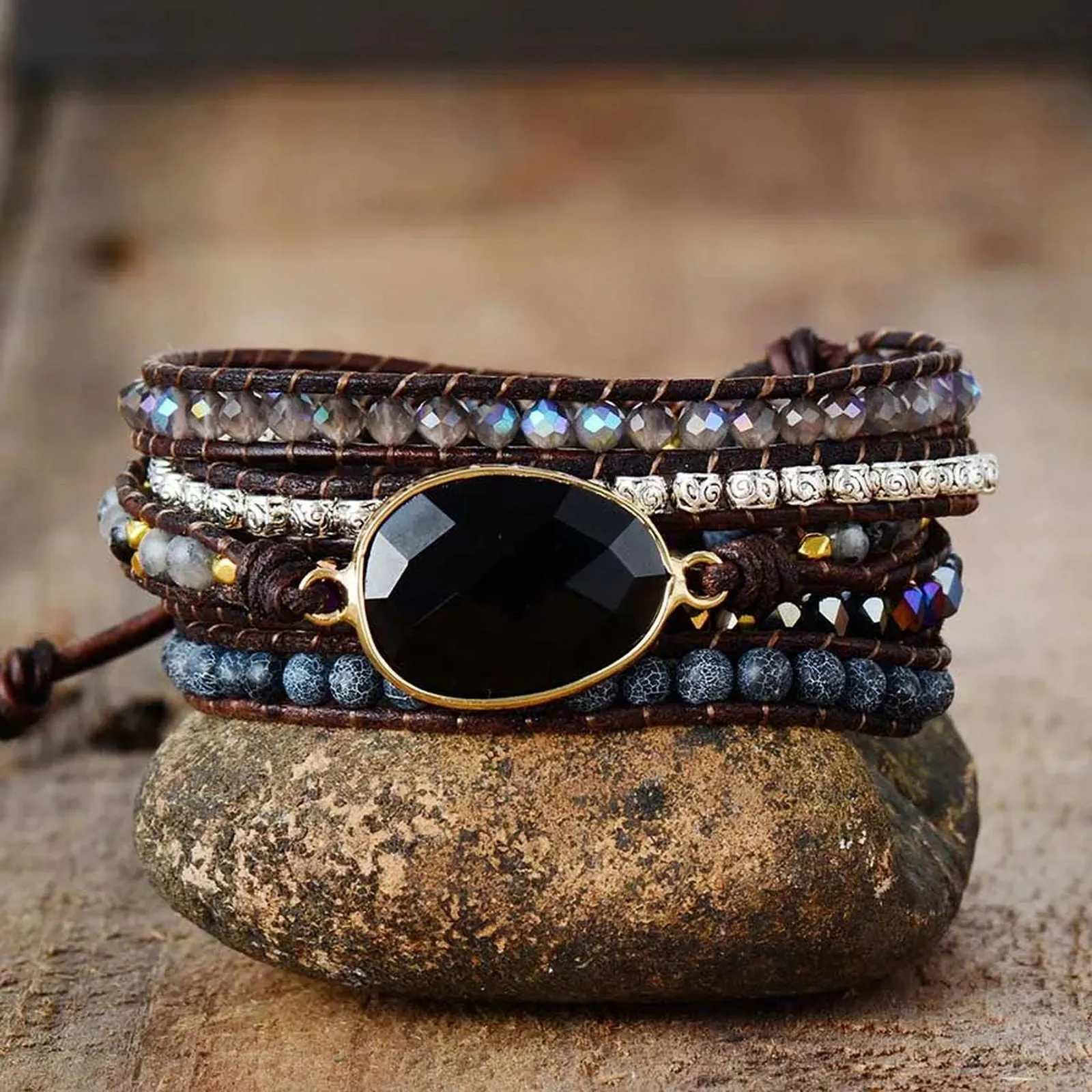 Black Onyx Mix 5 Wraps Bracelet