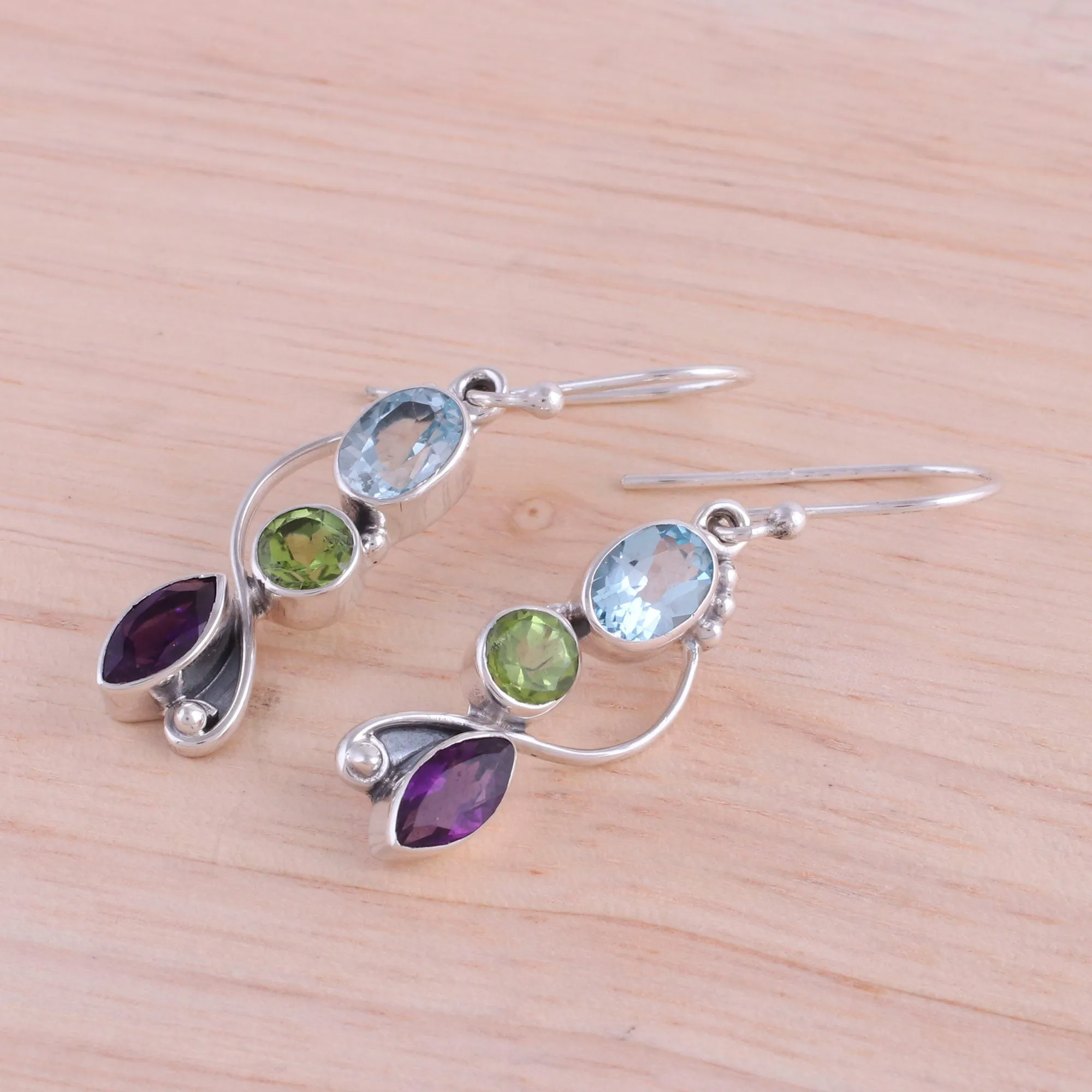Blue Topaz Peridot Amethyst Sterling Silver Dangle Earrings - Shimmering Alliance | NOVICA