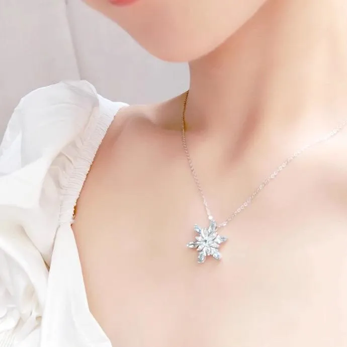 Charm Womens Snowflake Aquamarine Pendant Necklace White Gold Plated Sterling Silver Necklace