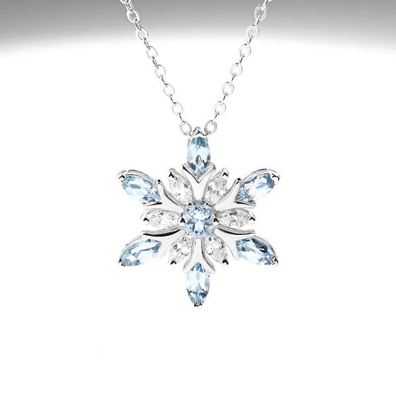 Charm Womens Snowflake Aquamarine Pendant Necklace White Gold Plated Sterling Silver Necklace