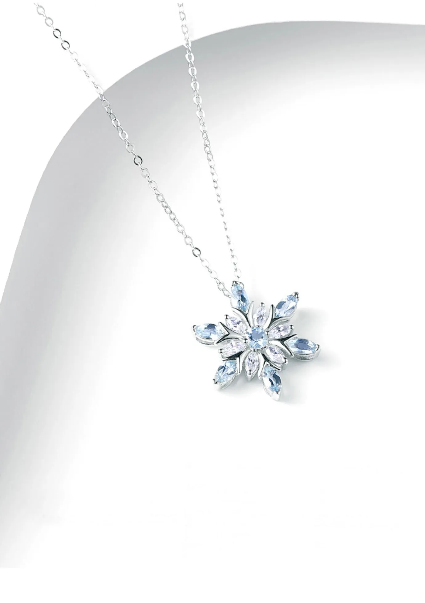 Charm Womens Snowflake Aquamarine Pendant Necklace White Gold Plated Sterling Silver Necklace