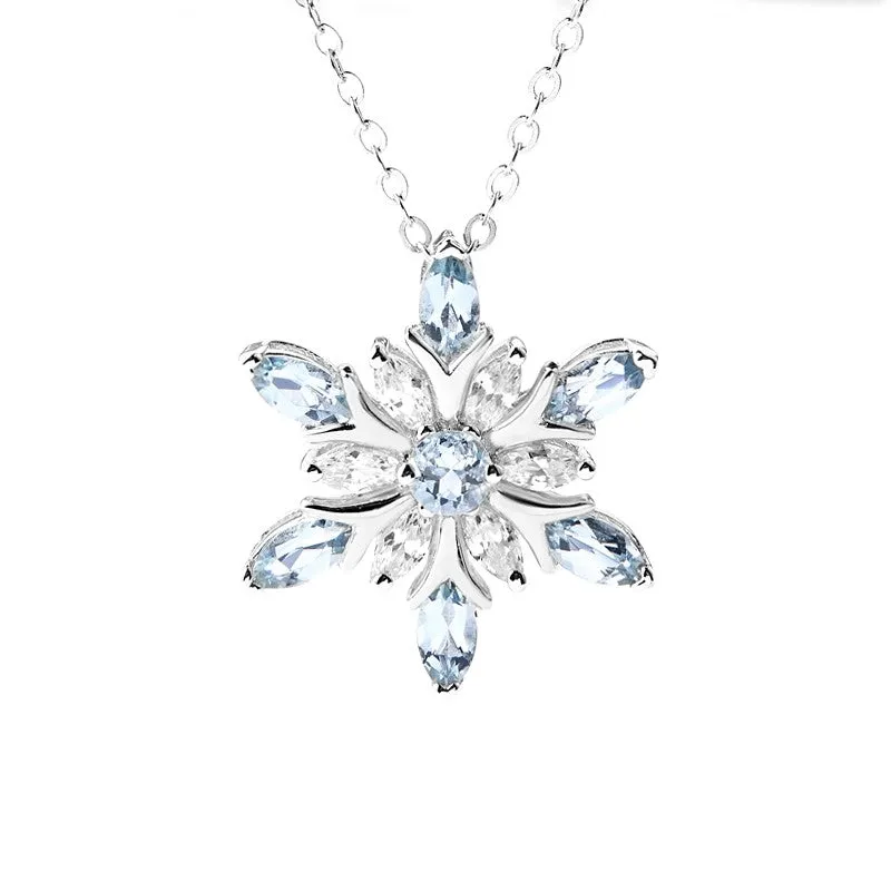 Charm Womens Snowflake Aquamarine Pendant Necklace White Gold Plated Sterling Silver Necklace