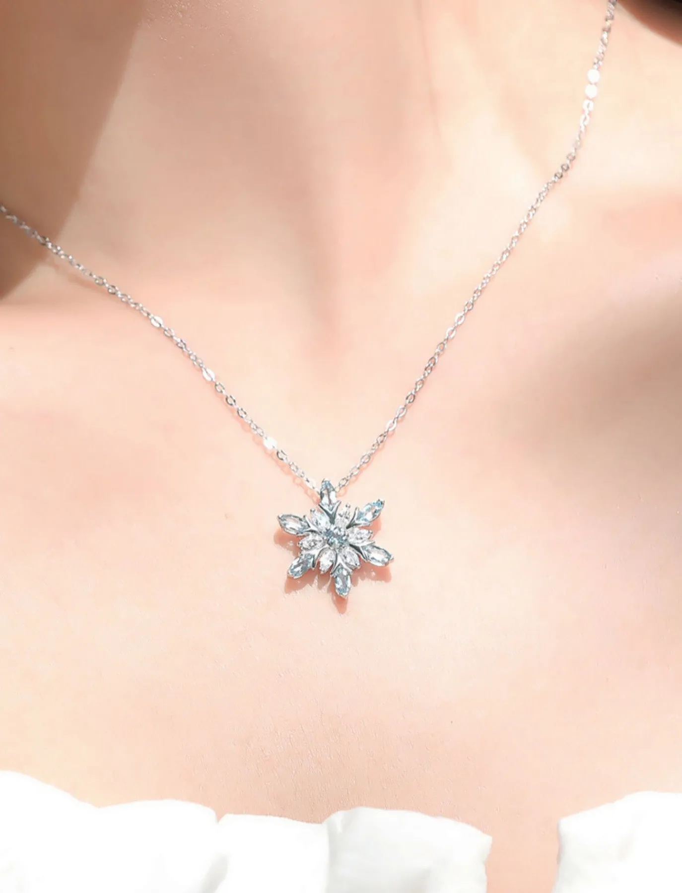 Charm Womens Snowflake Aquamarine Pendant Necklace White Gold Plated Sterling Silver Necklace