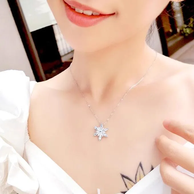 Charm Womens Snowflake Aquamarine Pendant Necklace White Gold Plated Sterling Silver Necklace