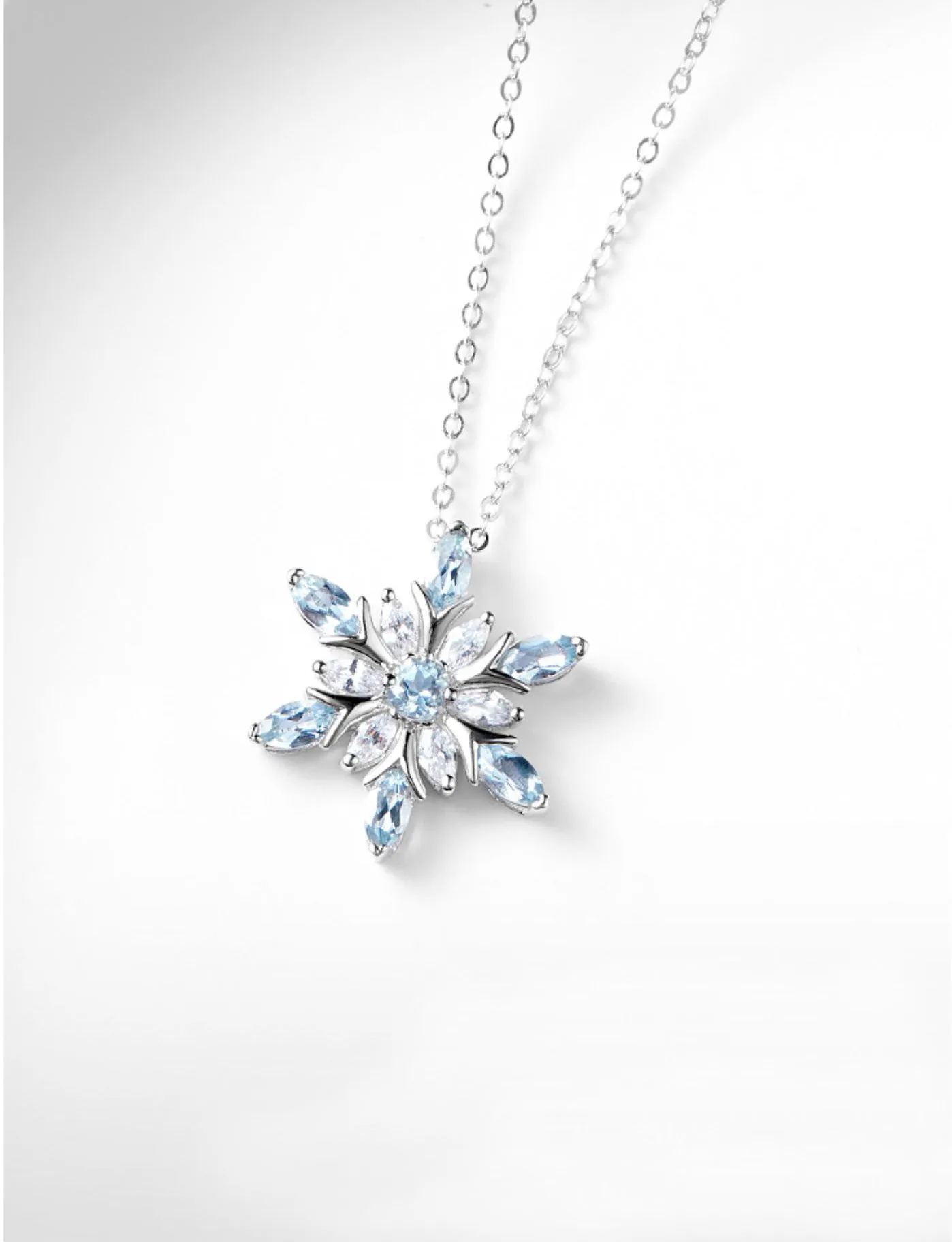 Charm Womens Snowflake Aquamarine Pendant Necklace White Gold Plated Sterling Silver Necklace