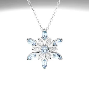 Charm Womens Snowflake Aquamarine Pendant Necklace White Gold Plated Sterling Silver Necklace