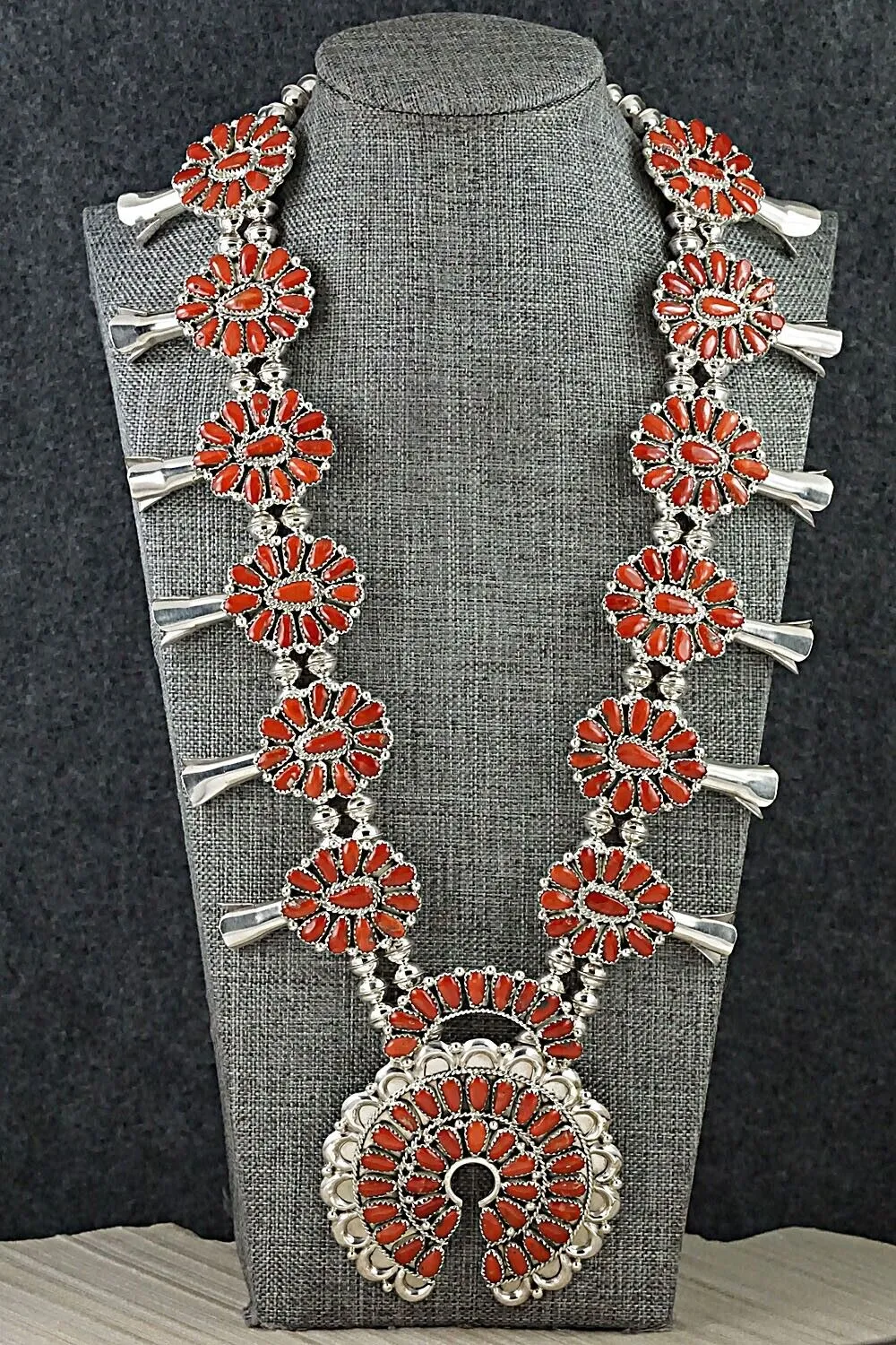 Coral & Sterling Silver Squash Blossom Set - Justina Wilson