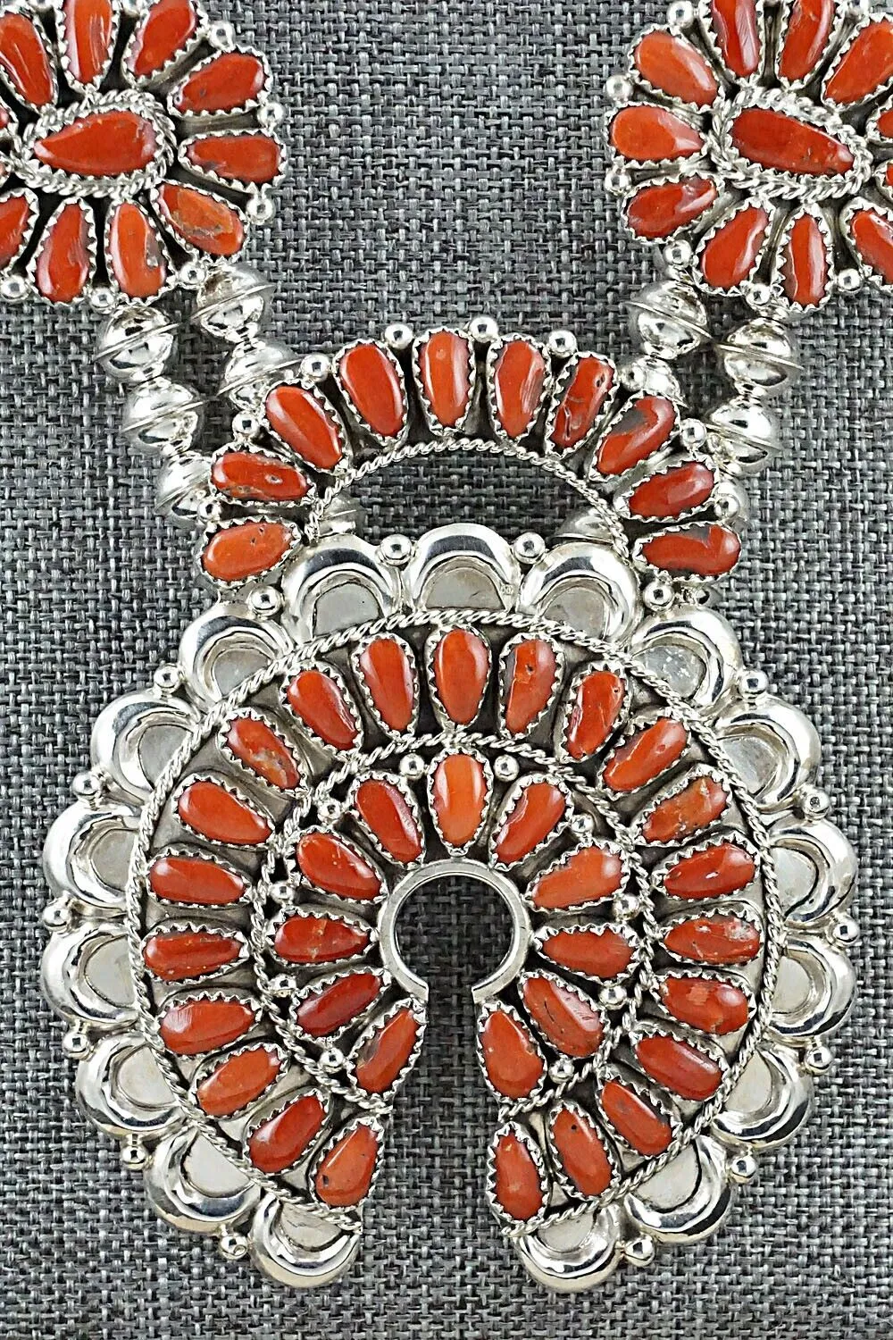 Coral & Sterling Silver Squash Blossom Set - Justina Wilson