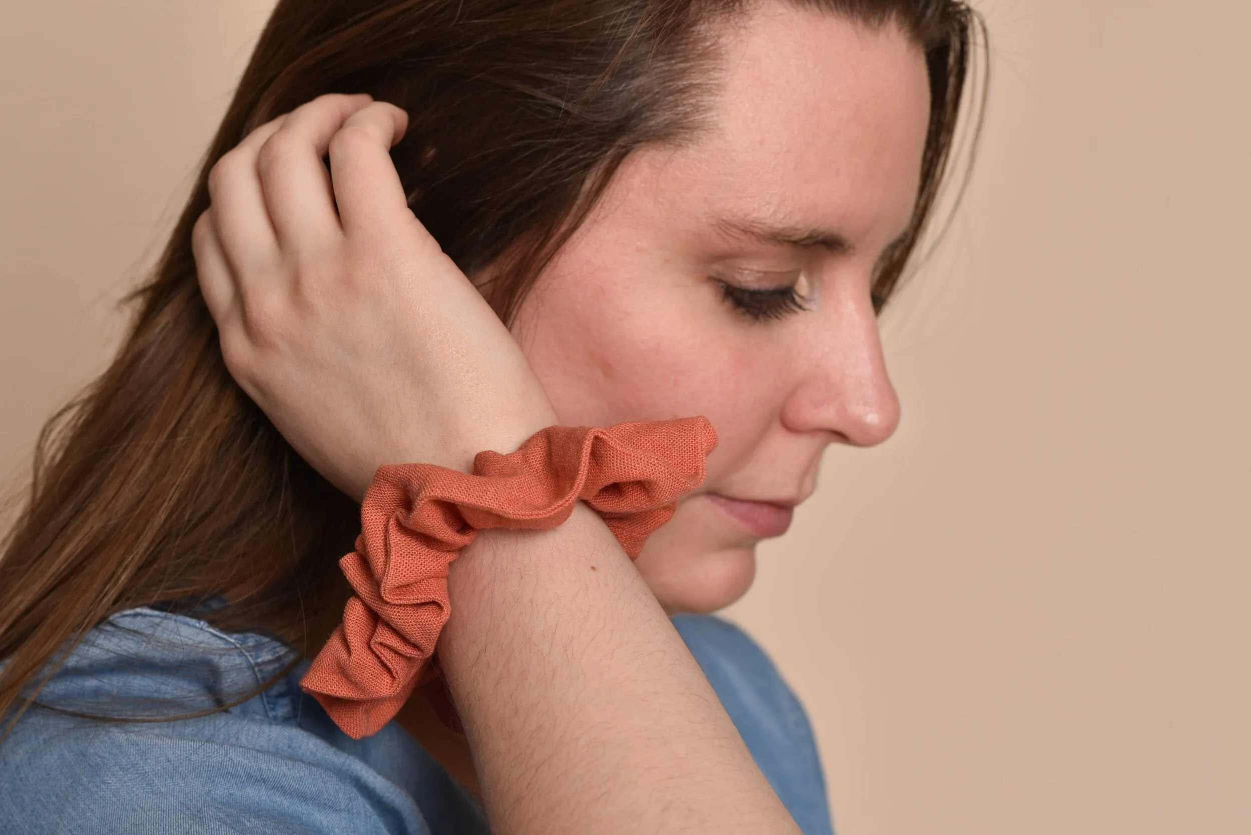 Coral Pink Linen Scrunchie