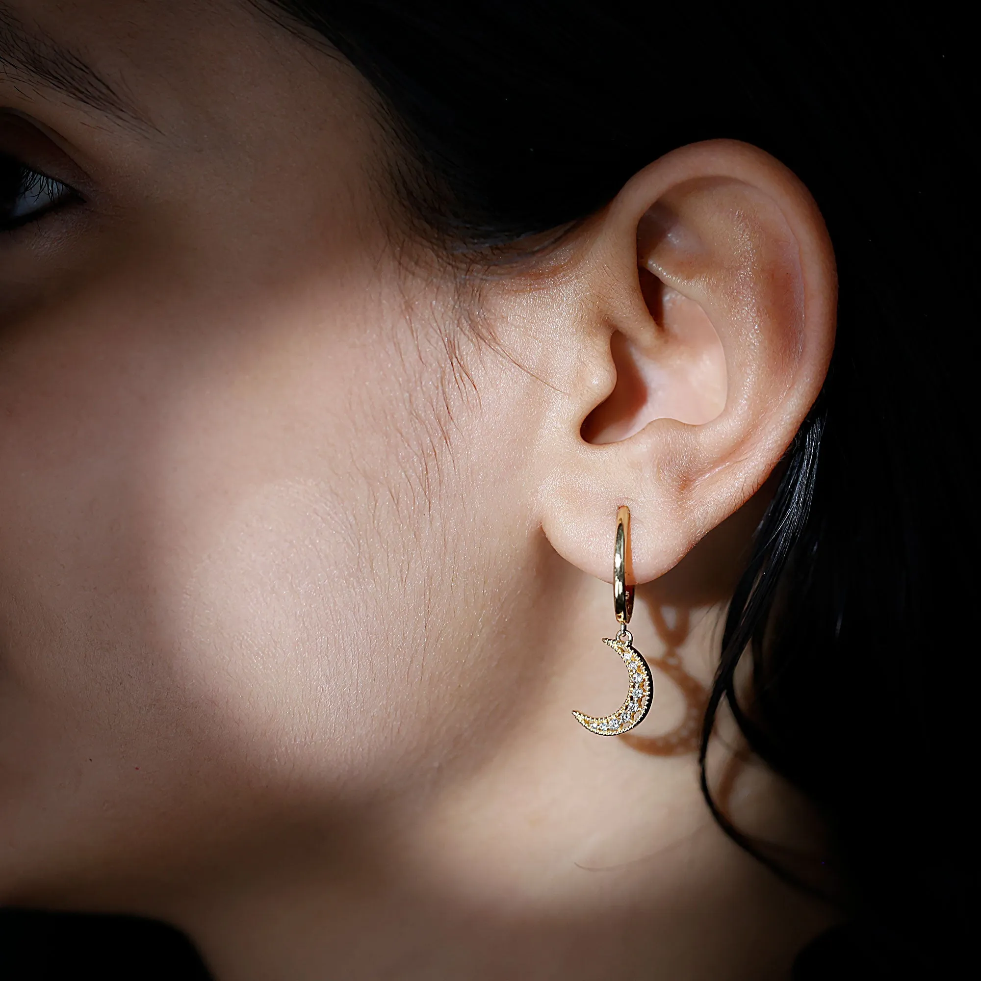 Diamond Moon Drop Hoop Earrings
