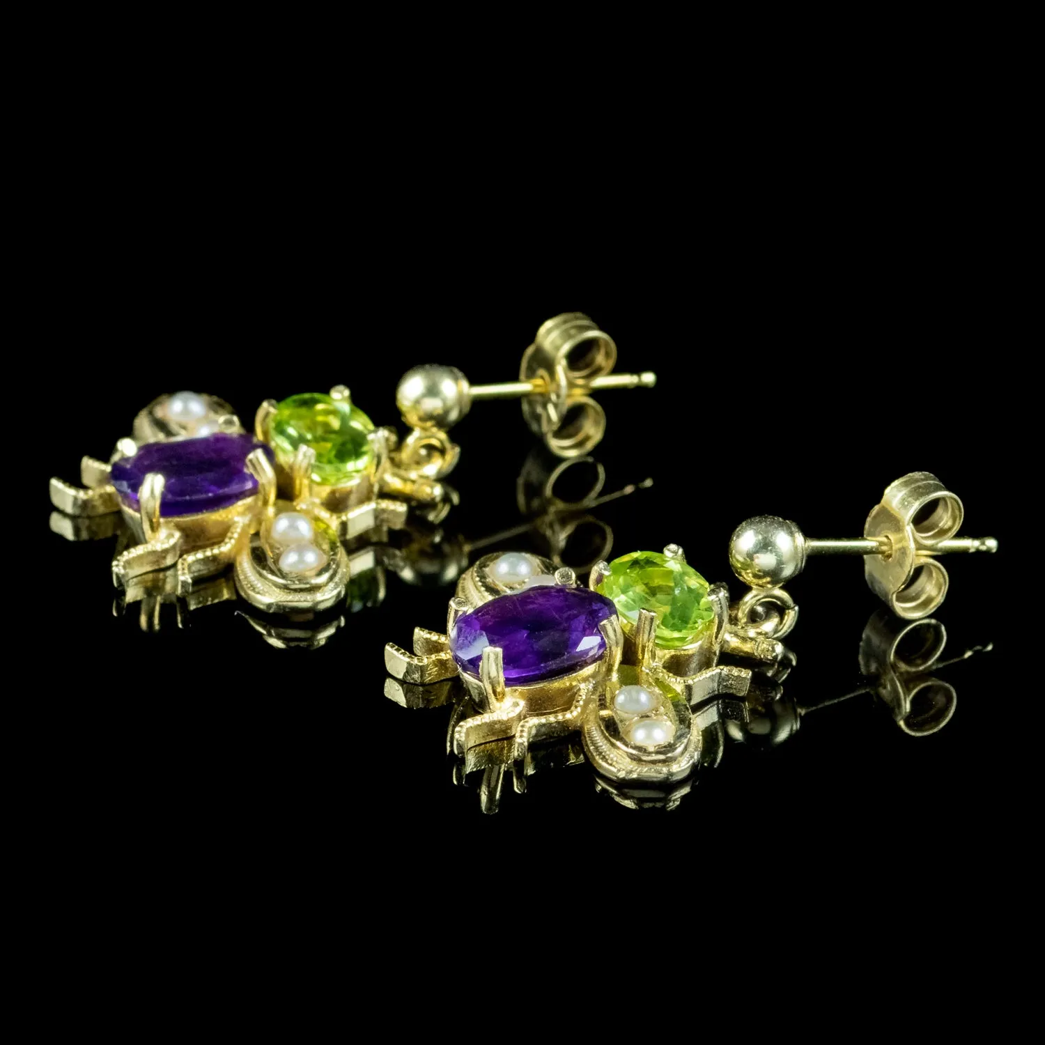 Edwardian Suffragette Style Insect Bee Earrings Peridot Amethyst Pearls