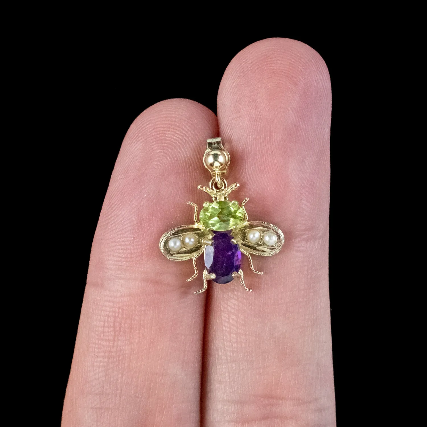 Edwardian Suffragette Style Insect Bee Earrings Peridot Amethyst Pearls
