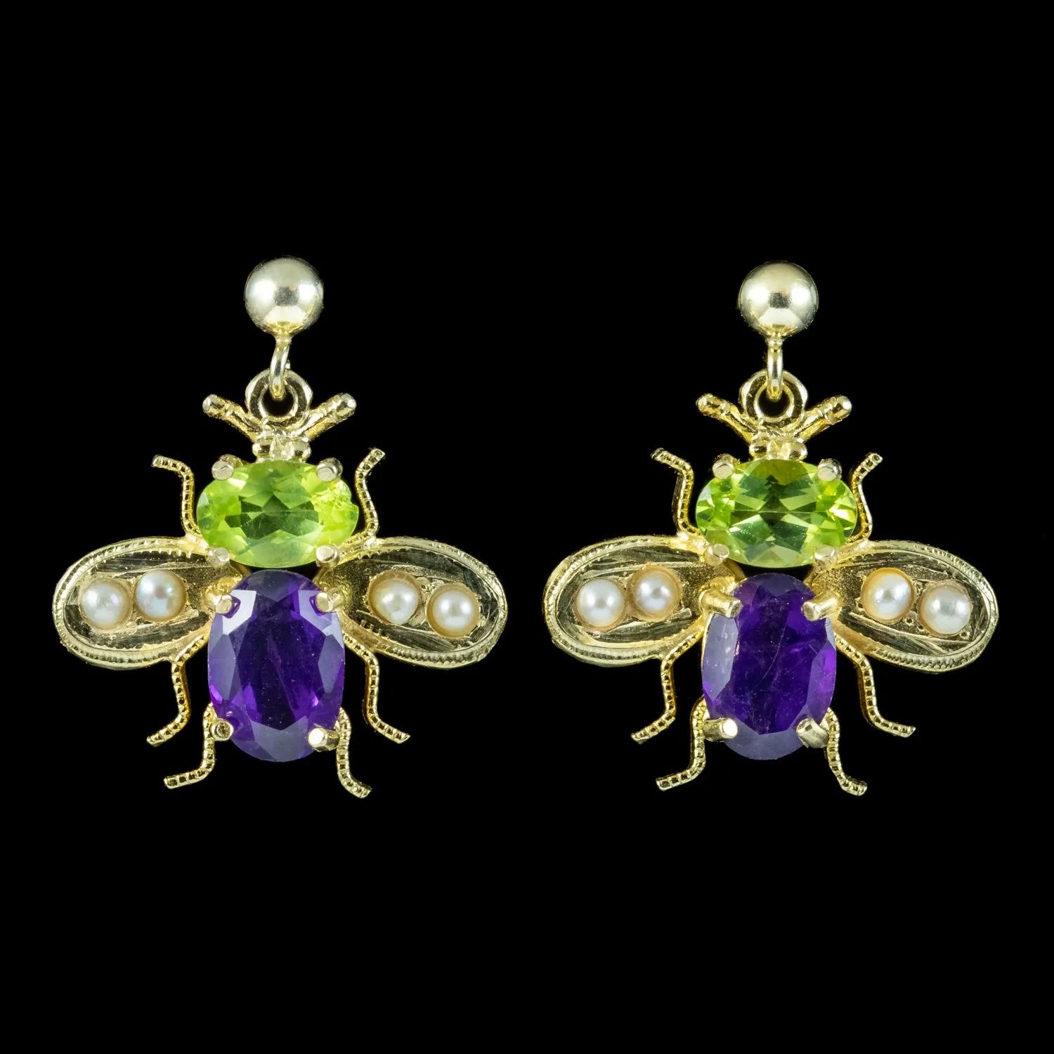 Edwardian Suffragette Style Insect Bee Earrings Peridot Amethyst Pearls