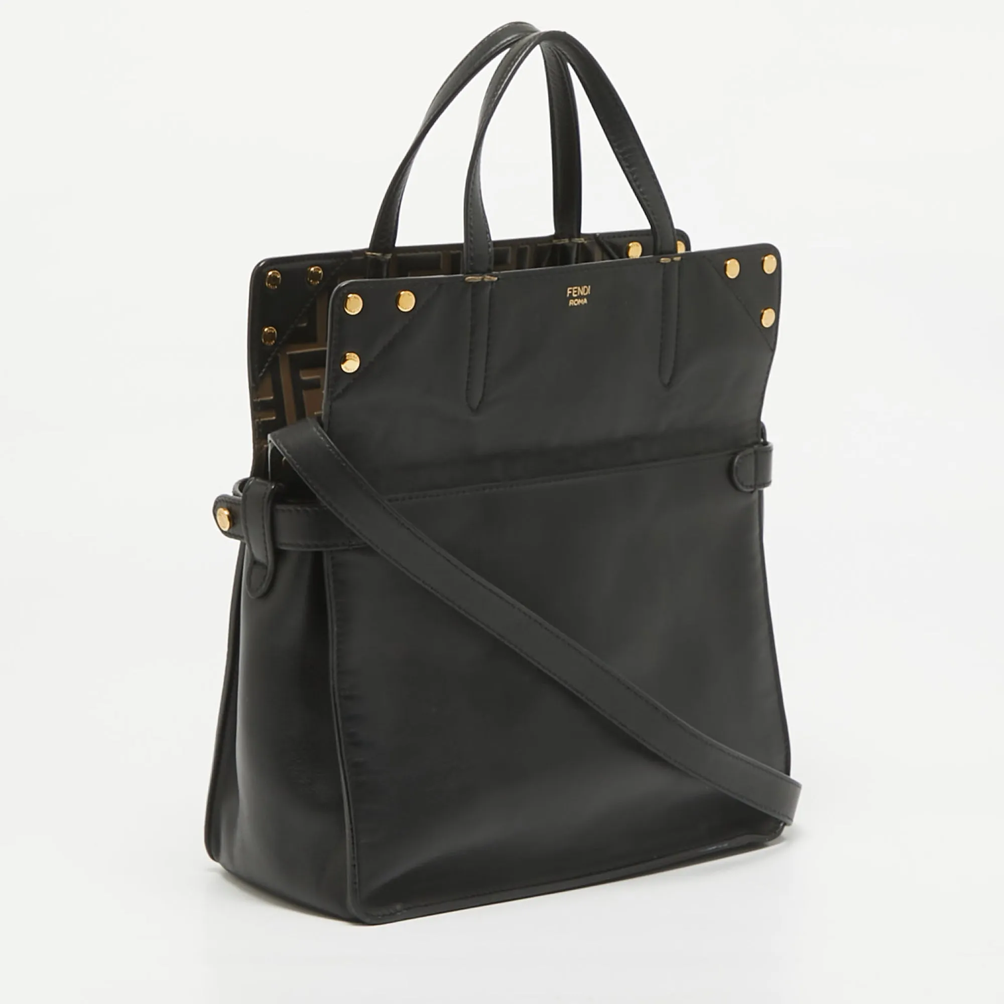 Fendi Black/brown Ff Leather Grace Flip Tote