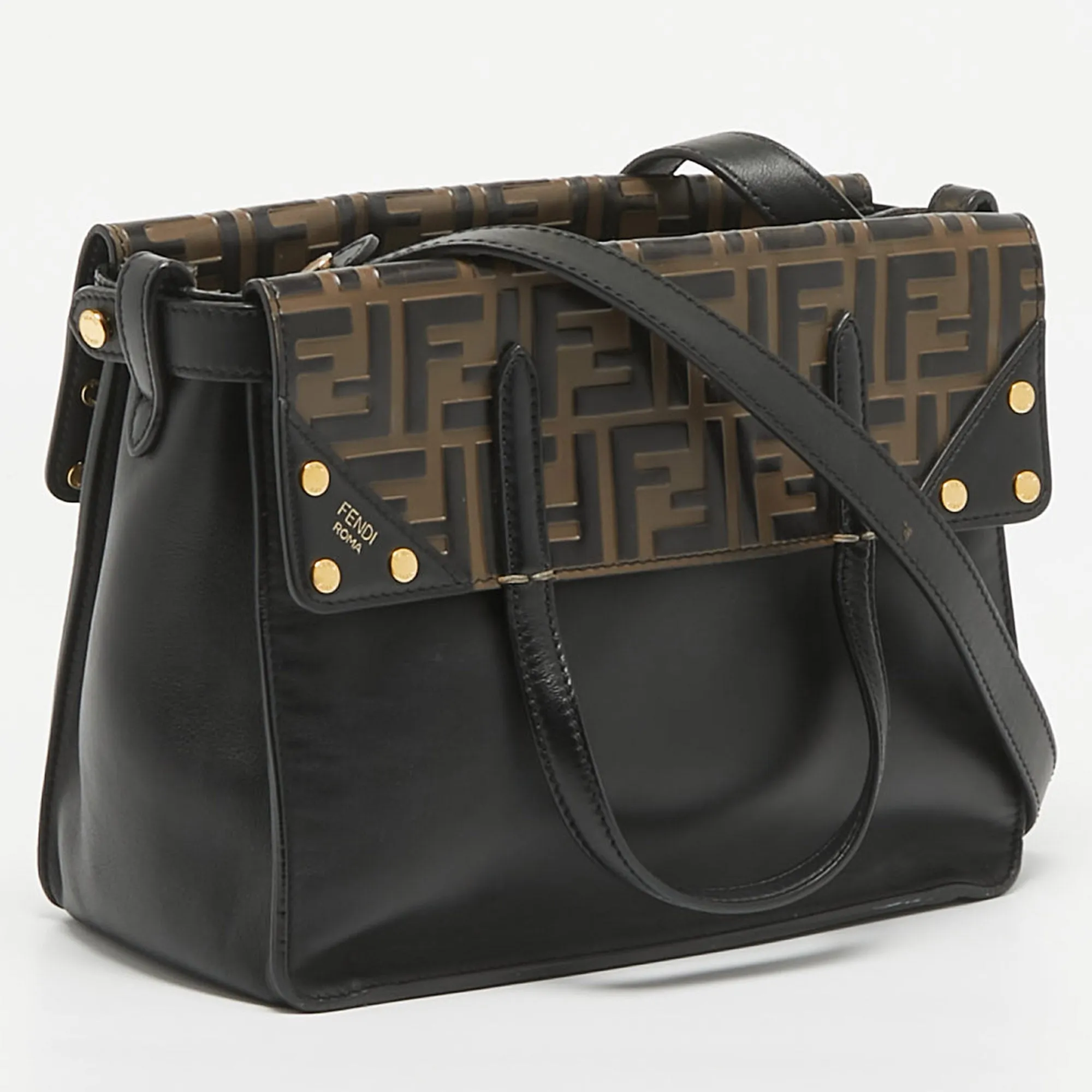 Fendi Black/brown Ff Leather Grace Flip Tote