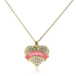 Gold Coral Daughter Pave Heart Charm Classic Necklace